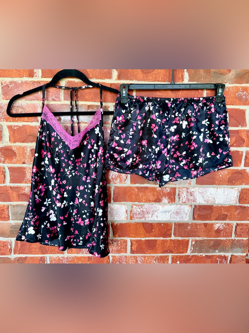 Linea Donatella Black Satin Floral Lace-Trim Cami & Shorts Set